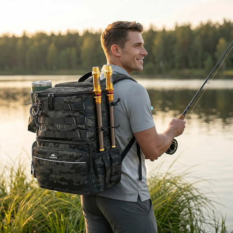 Man fishing with Water Resistant Fishing Backpack With Cooler Compartment Rod Holders And Tackle Storage in natural setting