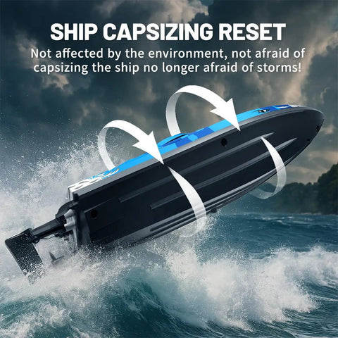 High Speed Waterproof RC Boat With Water Cooling, 2.4 GHz Remote, Dual Batteries, LED Lights, One Key Flip showing capsize reset capability