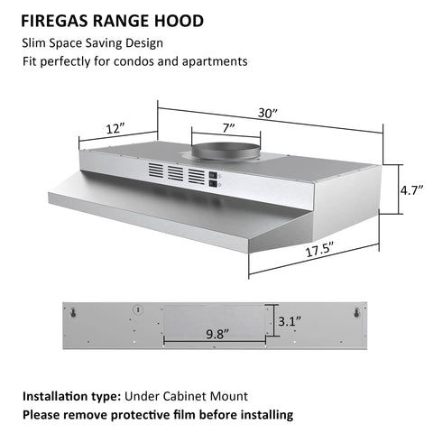 FIREGAS 30-inch stainless steel under-cabinet range hood with front rocker controls and circular top vent