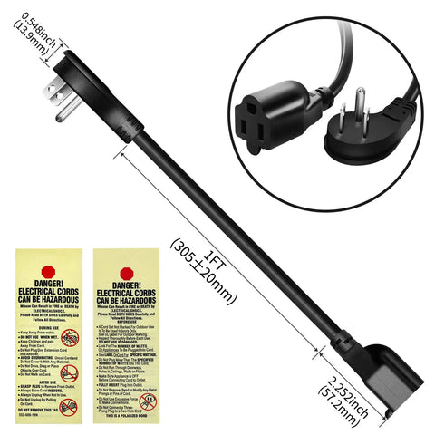 Space Saving Flat Plug Extension Cord One Foot With 90 Degree Grounded Plug Three Prong Short Flat Wall Cable 125V 13A 16 AWG NEMA 5 15P To NEMA 5 15R Black ETL Listed Pack Of Four