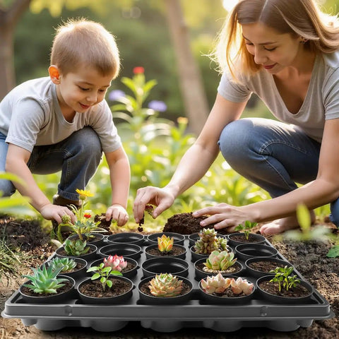 Mother and child planting succulents in 3 Inch Plastic Plant Pots Set With 100 Pots And 5 Pcs 20 Cell Seed Starter Trays outdoors