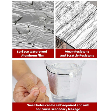 Rock Solid Asphalt Roof Shingles Repair Tape 2 Mm Thick Aluminum Foil Flashing Tape shown with waterproof surface and leak repair demonstration.