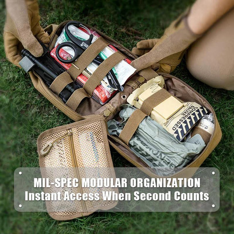 Open Rhino Rescue IFAK trauma kit in tan MOLLE pouch showing tourniquet, scissors, dressings on grass