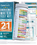 All In One Drinking Water Test Kit For Home Use Test Tap Water Well Water And Filtered Water For 21 Indicators Including Lead Hardness Copper Nitrate And Nitrite For Quick No Fuss At Home Results, showing test strips and color chart.