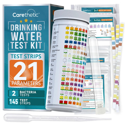 All In One Drinking Water Test Kit For Home Use Test Tap Water Well Water And Filtered Water For 21 Indicators Including Lead Hardness Copper Nitrate And Nitrite For Quick No Fuss At Home Results, showing test strips and color chart.