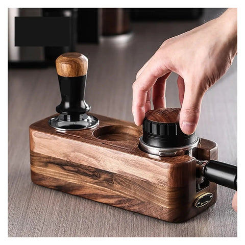 Premium Coffee Distributor And Tamper Leveler For Home Baristas with wooden body, person adjusting tamper for espresso preparation.