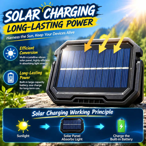 Solar Work Light, 38 LED Powerful Portable Flood Light close-up showing efficient solar panel absorption for outdoor activities.