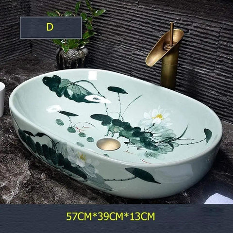 Super Chic Oval Above Counter Bathroom Vanity Vessel Sink Premium Porcelain Ceramic Washbasin with floral design, 57x39cm size.
