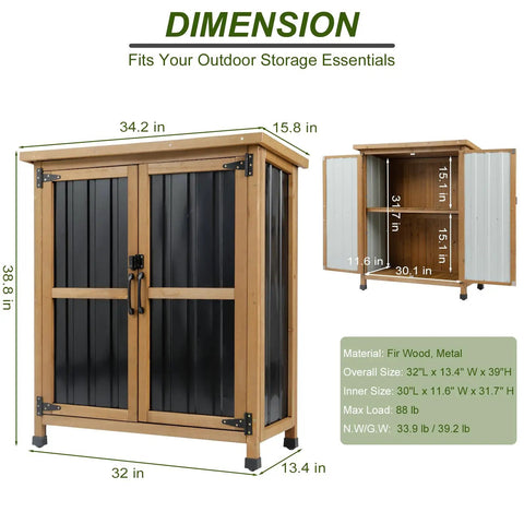 Outdoor Storage Cabinet For Small Spaces Wood And Metal Build With Weather Resistant Asphalt Roof Double Locking Doors