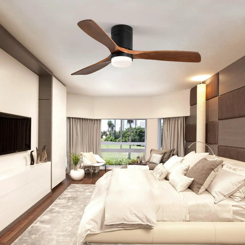 52 Inch Ceiling Fan With Lights 3 Solid Wood Fan Blade in modern bedroom with natural light and stylish decor.