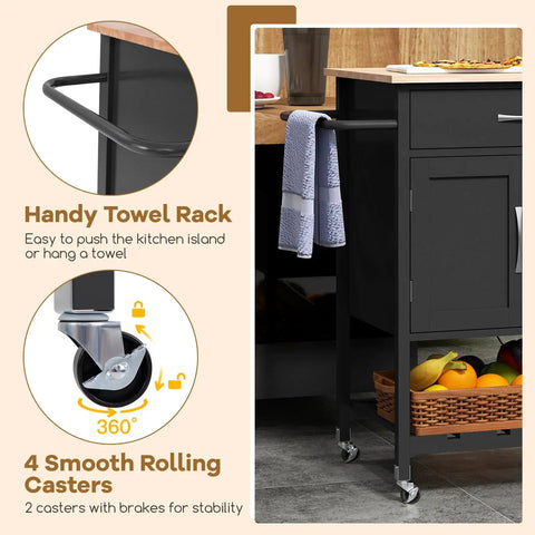 Real Deal Rubberwood Kitchen Island Cart On Wheels With Heavy Duty Casters And Wide Drawer Designed As A Versatile Coffee Bar Or Utility Stand That Brings Casual Vibes To Your Room Without Any Fuss In Classic Black