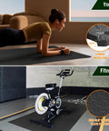 Top: Woman using Interlocking EVA Foam Floor Tiles 24x24 Inch 0.4 Inch Thick Gym Flooring for yoga; Bottom: Bike on tiles in garage.