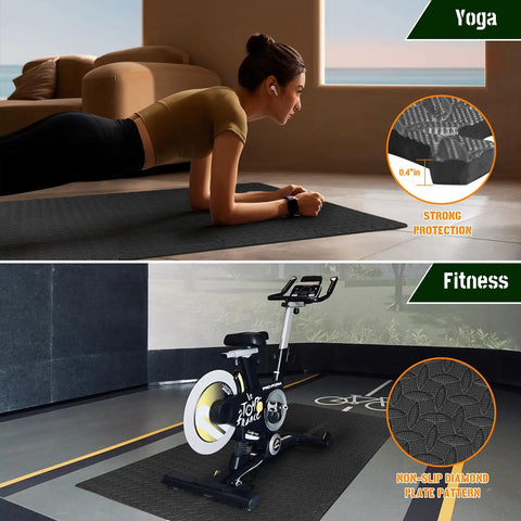 Top: Woman using Interlocking EVA Foam Floor Tiles 24x24 Inch 0.4 Inch Thick Gym Flooring for yoga; Bottom: Bike on tiles in garage.