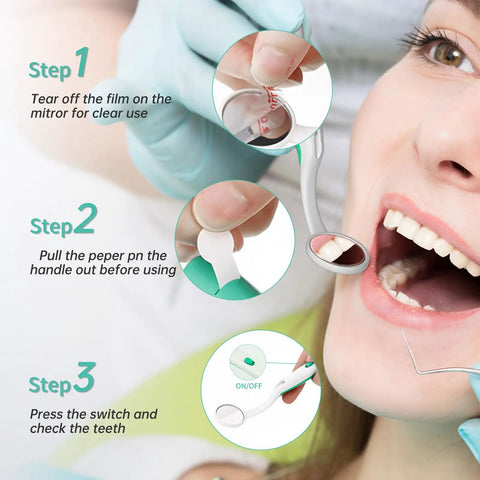 2 Pack LED Lighted Dental Mirror With Anti Fog Lens Ultra Clear Mouth Inspection Mirror For At Home Dental Checkups Dentist Grade Quality Dual Mirrors For Easy Self Care, woman using mirror