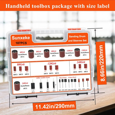 187 Piece Sanding Drum Kit For Drill And Drill Press With Grit Sleeves And Rubber Drums in a toolbox with size labels