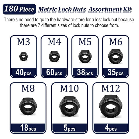 180 Pack Black Lock Nuts Assortment Kit M3 Through M12 Nylon Insert Nylock Nuts 304 Stainless Steel Standard Threads