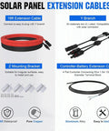 Diagram showing Beast 400W 12V Solar Panel Kit components: 16ft extension cable, Y branch, Z mounting brackets, battery cables.
