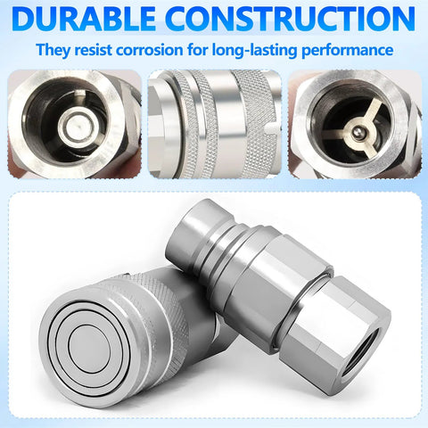 Two 3/8 in NPT flat-face hydraulic quick-connect couplers with dust caps, chrome finish, ISO 16028, 2-pack