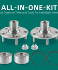 Front Wheel Hub Repair Kit For Dodge Caliber Jeep Compass Patriot Mitsubishi Lancer Outlander Sport 2007 Through 2017 SUV AWD Or FWD Ready To Roll 2 Pieces Replaces 510090 And BR930558K displayed with bearings, nuts, and rings.