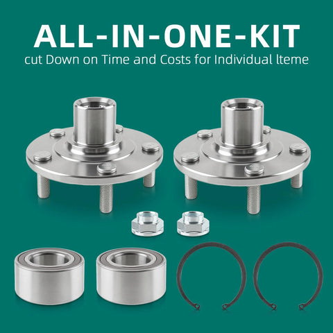 Front Wheel Hub Repair Kit For Dodge Caliber Jeep Compass Patriot Mitsubishi Lancer Outlander Sport 2007 Through 2017 SUV AWD Or FWD Ready To Roll 2 Pieces Replaces 510090 And BR930558K displayed with bearings, nuts, and rings.