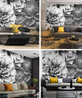 Dahlia Flowers Monochrome Black And White Canvas Wall Mural Self Adhesive Peel And Stick For Living Room Decor Premium Canvas Print