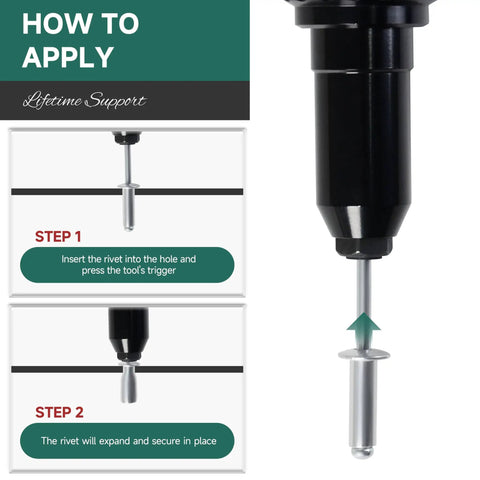Installation steps for 100 Pack Aluminum Blind Rivets 1/4 By 3/4 Inch Pop Rivets For Metal Projects, Steel Mandrel, Aluminum Grip.