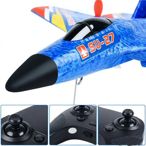 Close-up of the Su-27 Inspired RC Fighter Jet For Adults And Beginners, showing blue nose detail and remote control knobs.