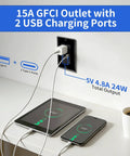 10 Pack Black 15A GFCI Outlet With Dual USB Type A And C Ports, mounted with devices charging.