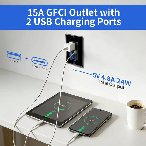 10 Pack Black 15A GFCI Outlet With Dual USB Type A And C Ports, mounted with devices charging.
