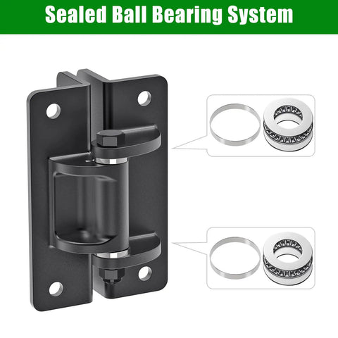 Heavy Duty Six Point Five Inch Bolt On Gate Hinges With Bearings, 1000 Lb Capacity Anti Sag L Shaped Gate Hardware, Built Tough Powder Coated Black Carbon Steel Garden Fence Barn Farm Gate, Four Pack, black sealed ball bearing hinge close-up