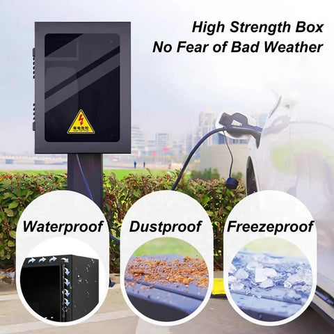 Locked Down Tight Heavy Duty EV Charger Shelter Build Like A Tank Weatherproof Floor Pedestal Rain Or Shine Safe with dustproof and waterproof features.