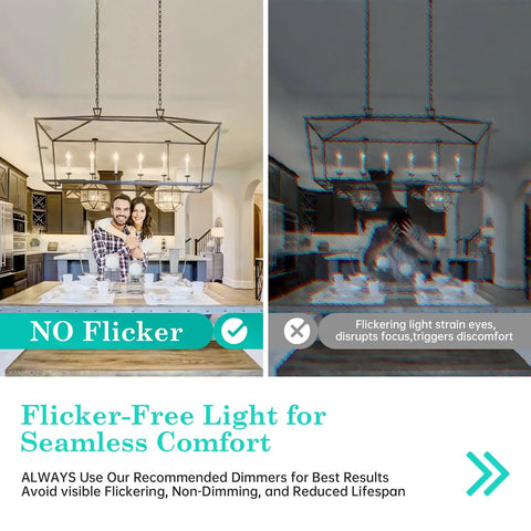 Flicker-free versus flickering chandelier light in dining room, showing comfort difference with 60 Watt Equivalent LED Candelabra Bulb CA10 Candle 4000K Daylight Dimmable Small Base Chandelier Light For Dining Rooms Living Rooms And Porches Long Lasting Cozy Indoor Vibe Lighting.