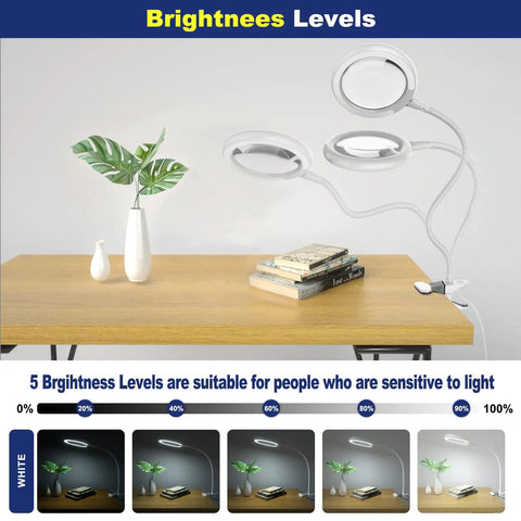 Magnifying Glass With Light And Stand 3X Magnifier Lens With Clamp Desk Magnifying Lamp features 5 brightness levels for crafting and reading.