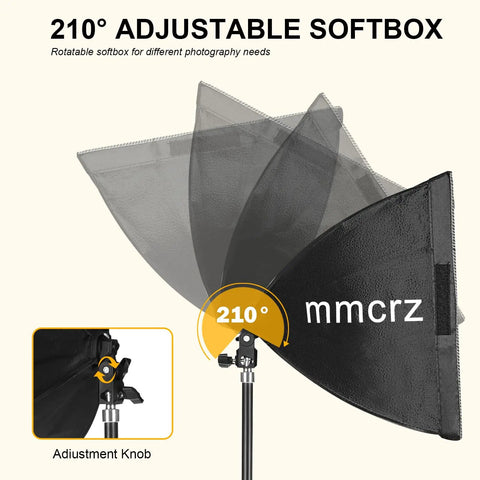 210° adjustable 2 Pack Professional Softbox Lighting Kit 16x16 Studio Lights with rotatable softbox and adjustment knob.