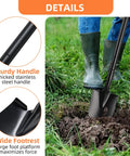 Heavy Duty 43.7 Inch Garden Shovel With Metal Handle For Digging And Trenching in use on soil, showcasing sturdy handle and footrest.