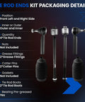 6 Piece Front Inner And Outer Tie Rod Ends Kit With Boots For Chevy Tahoe Silverado GMC Sierra Cadillac Escalade 2007-2014 Replacement Set Fits SUVs And Trucks Beefy Heavy Duty Steel Build For Easy Install, tie rod ends and boots packaging details