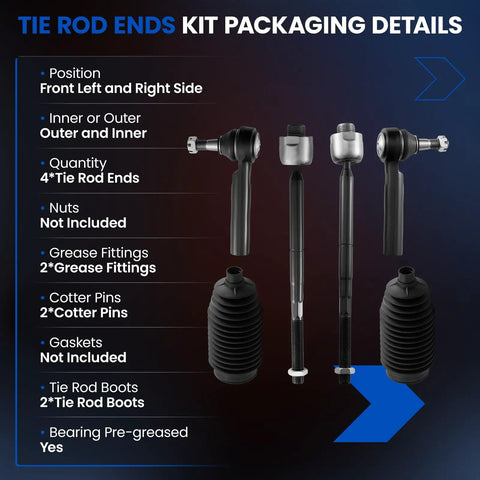 6 Piece Front Inner And Outer Tie Rod Ends Kit With Boots For Chevy Tahoe Silverado GMC Sierra Cadillac Escalade 2007-2014 Replacement Set Fits SUVs And Trucks Beefy Heavy Duty Steel Build For Easy Install, tie rod ends and boots packaging details