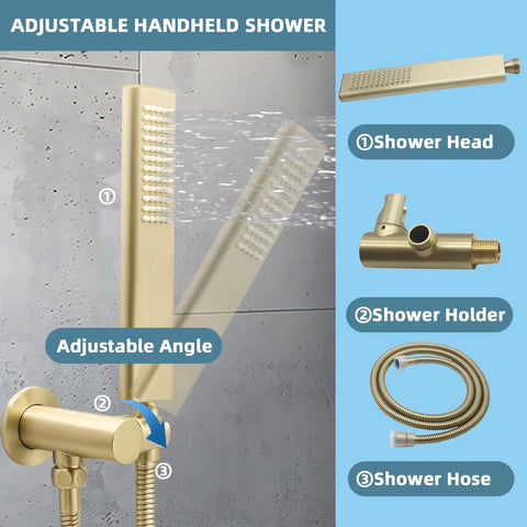 Brass High Pressure Handheld Shower Head Set in Brushed Gold Arc Design With Adjustable Elbow Wall Connector and Hose