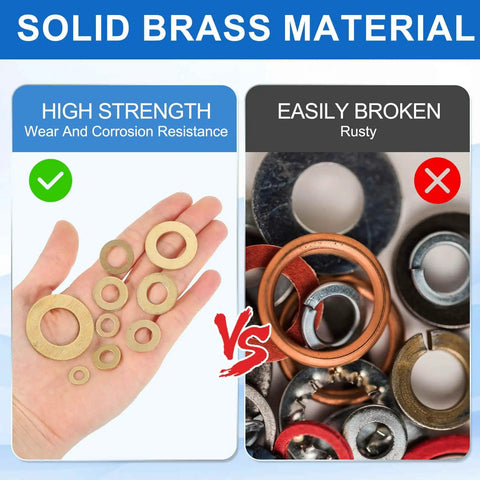 Image comparing 70 Pack Brass Flat Washers Set, 3mm ID, 8mm OD, 0.8mm Thick with other materials, showing durability and corrosion resistance.