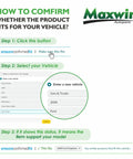 Maxwin Autoparts guide for confirming product fitment for vehicles, showing selection steps and confirmation status.