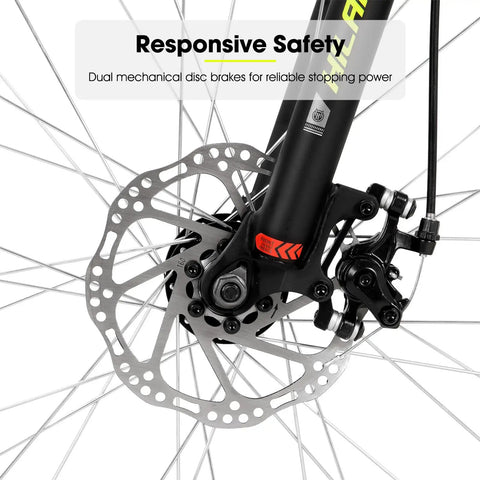 Close-up of dual disc brakes on the 26 Inch Mountain Bike For Adults, Women And Men, 18 Speed Drivetrain With Dual Disc Brakes, Front Suspension.