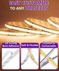Warm White 3000K COB LED Strip Light 16.4ft High Density 2560 LEDs 24V Tape for DIY Install with adhesive backing, CRI 90+.