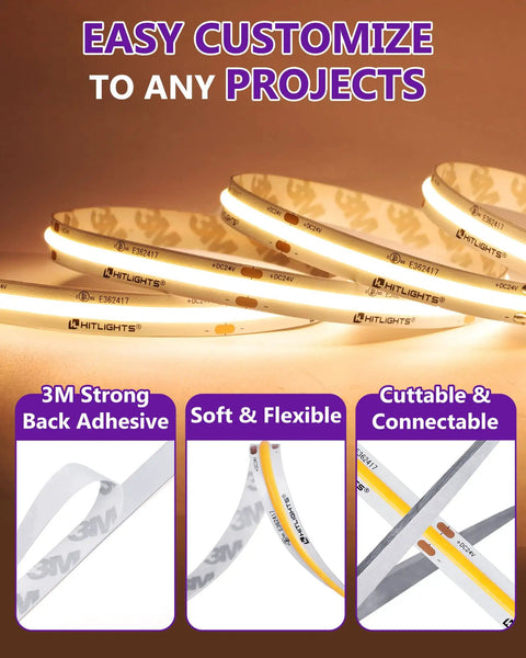 Warm White 3000K COB LED Strip Light 16.4ft High Density 2560 LEDs 24V Tape for DIY Install with adhesive backing, CRI 90+.
