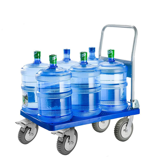Four large water bottles on a cart with six inch rubber caster wheels heavy duty anti skid swivel casters with brakes