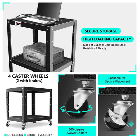 Three Tier Steel AV Cart On Wheels With Adjustable Height From 24 To 42 Inches, Rolling Projector Cart With Non Slip Mats And Locking Casters, Heavy Duty Utility Cart For Classrooms Offices And Presentations showing 4 caster wheels and secure storage