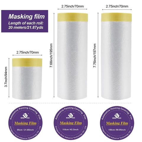 Image showing three sizes of masking film rolls: 55cm, 110cm, and 150cm for automotive painting and drape cover.