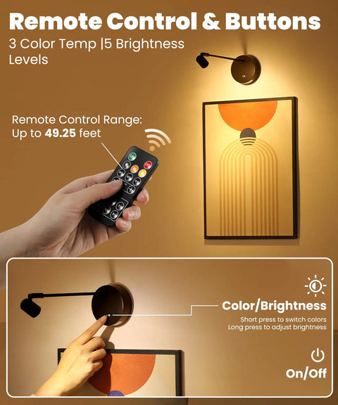 Remote control for Lit Wireless Battery Operated Picture Light with 3 Color LED, illuminating wall art in a room.
