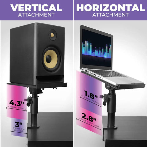 Ergonomic Laptop Desk Mount For Piano Keyboard And DJ Setups, 9x12.5 Inch Adjustable Arm Mount shown with speaker and laptop