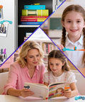 Super Handy Magnetic Cable Clips Eighteen Pack on fridge and desk with multicolor options shown in use by family.