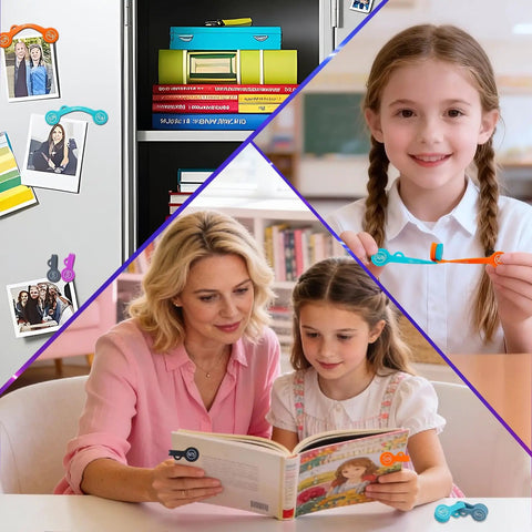 Super Handy Magnetic Cable Clips Eighteen Pack on fridge and desk with multicolor options shown in use by family.